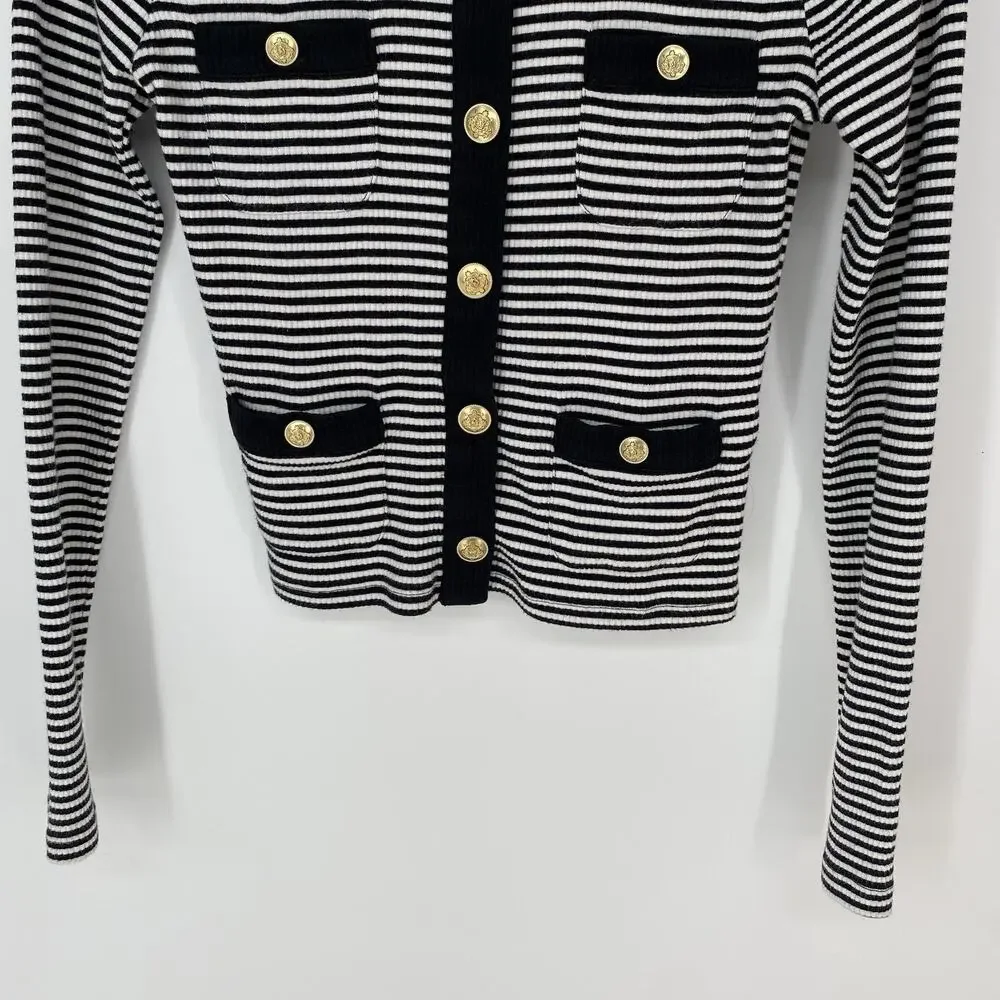 J.Crew Vintage Rib Lady Jacket XS Black White Stripe Gold Button Cardigan